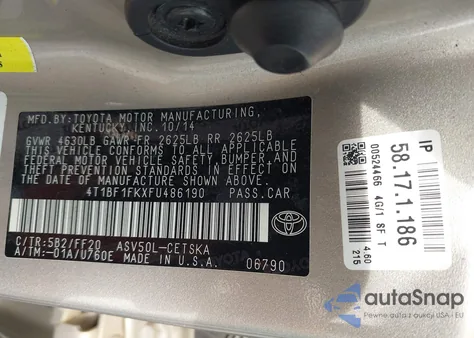 2015 Toyota Camry Se из США, поврежденный, VIN 4T1BF1FKXFU486190